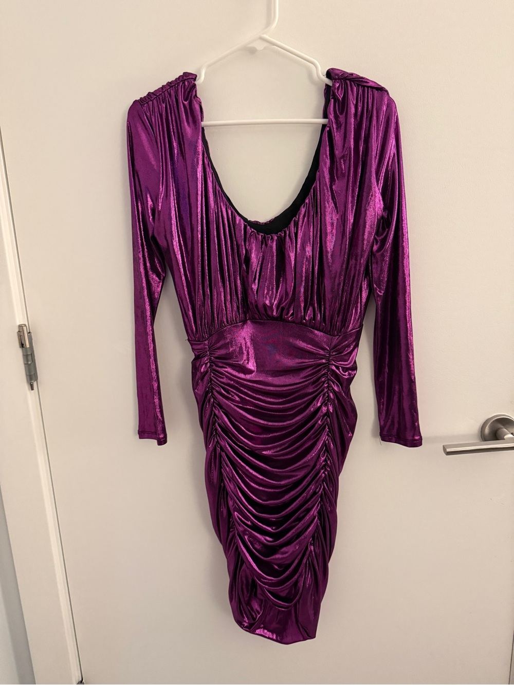 Express Metallic Purple Ruched Long-Sleeve Dress